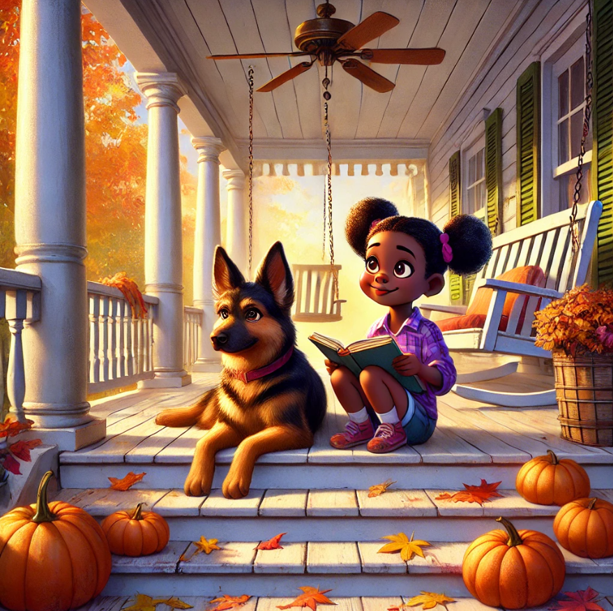 Girl and Dog Reading on the Porch on a Sunny Autumn Day